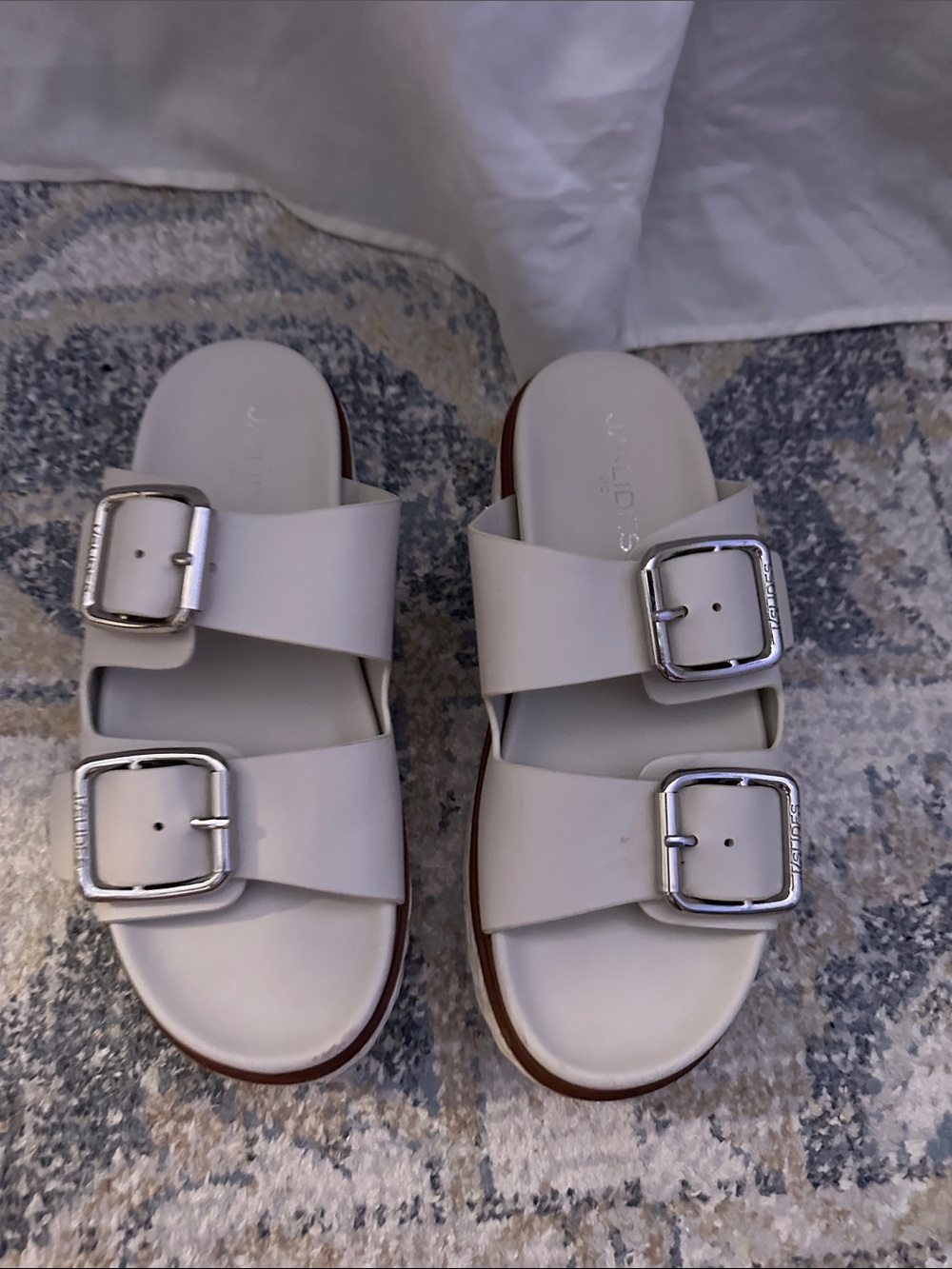 J Slides White Double-Buckle Slide Sandals with Silver Buckles